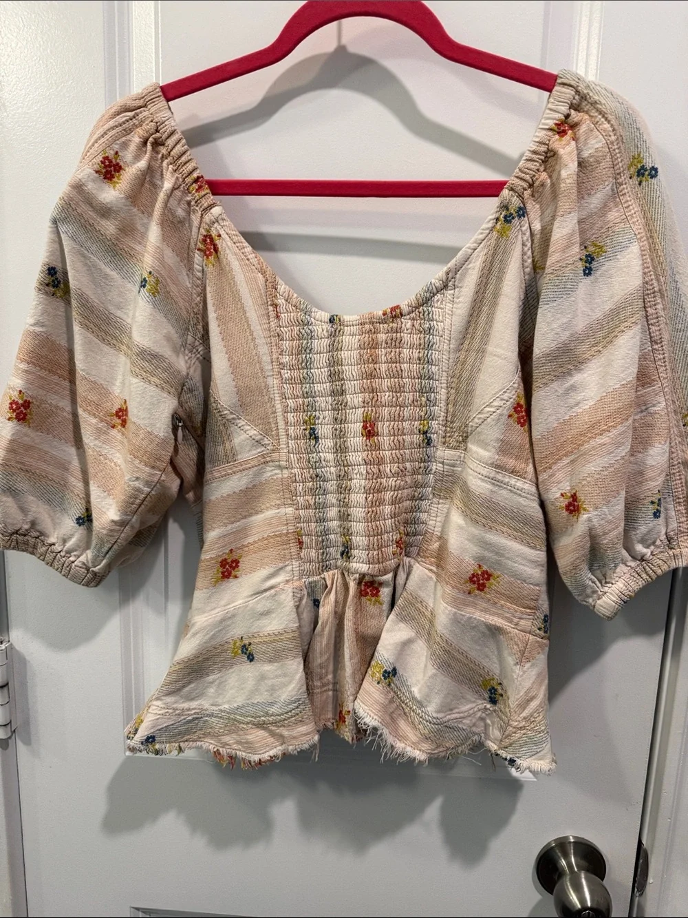 Peplum Puff-Sleeve Floral Stripe Top in Cream